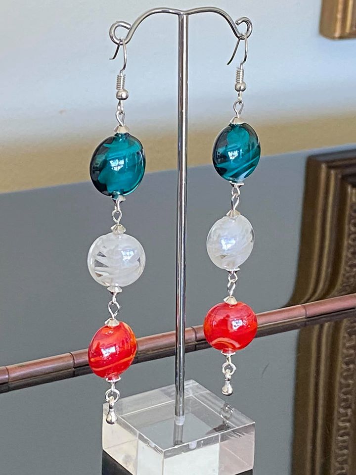 Summer Earrings with flat multi colored glass lampwork beads