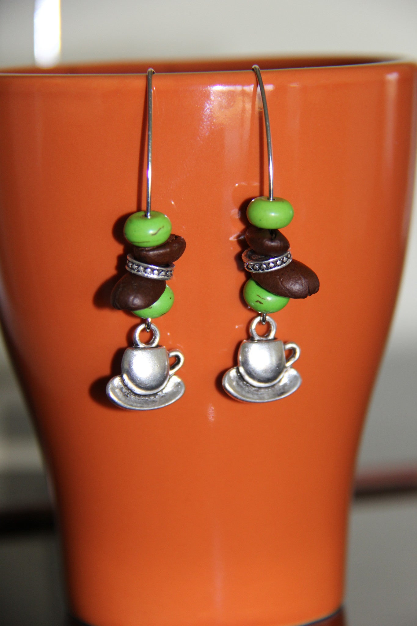 Natural coffee beans with purple, green, yellow, pink, blue howlite beads ear rings