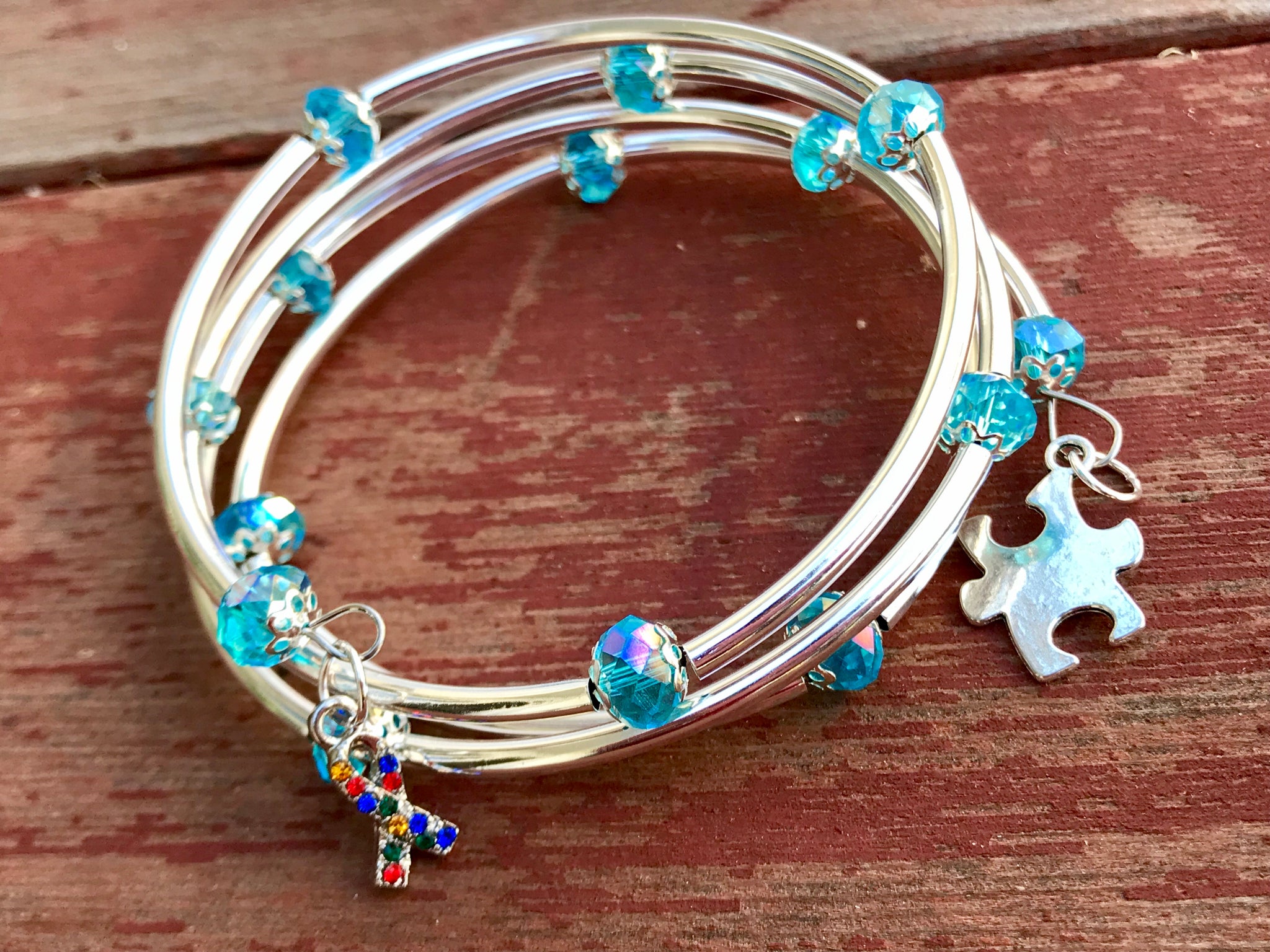 Autism Awareness Memory wire sky blue crystal silver noodle beads bracelet
