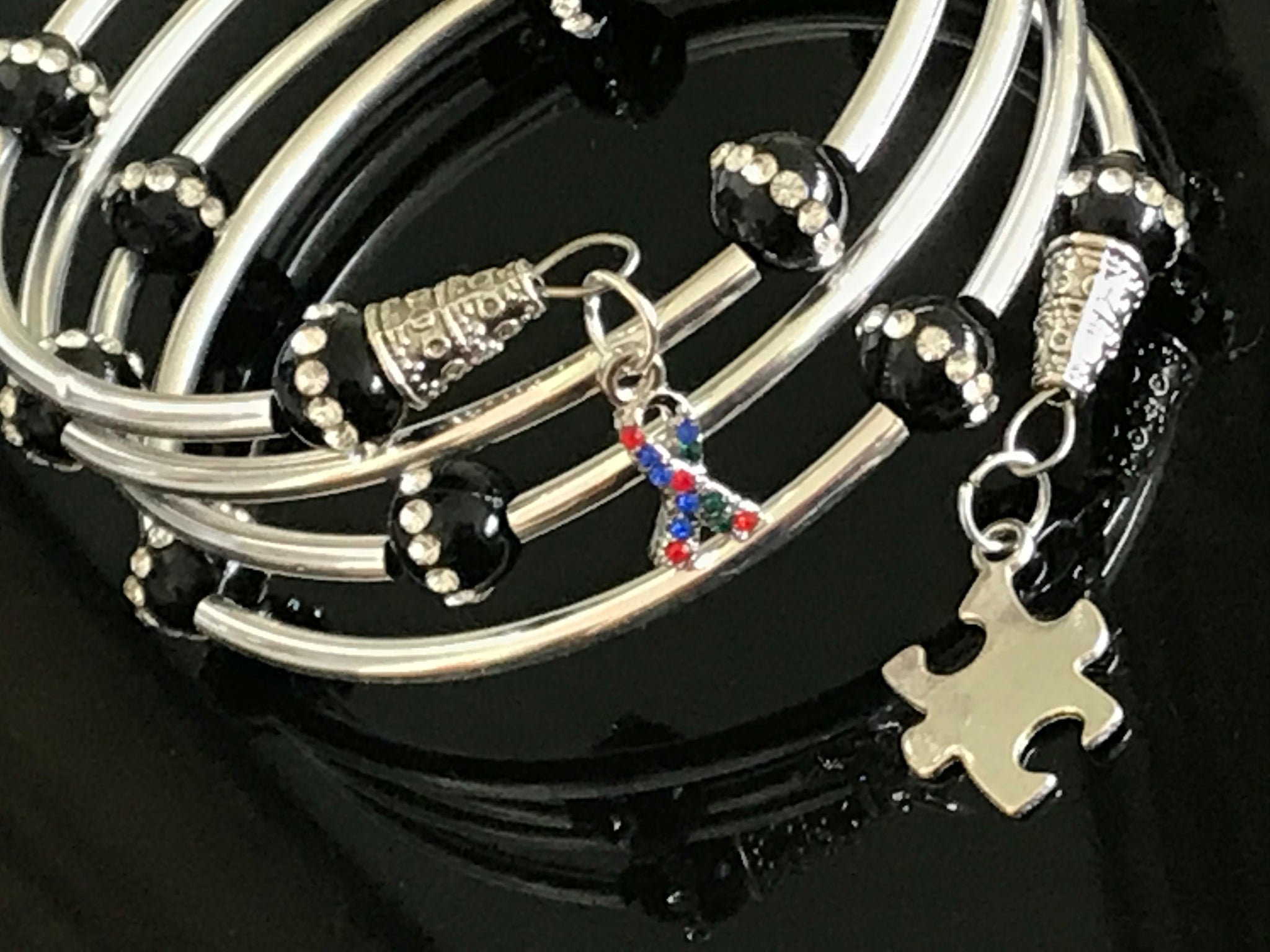 Autism awareness black onyx cubic zirconia beads memory wire bracelet