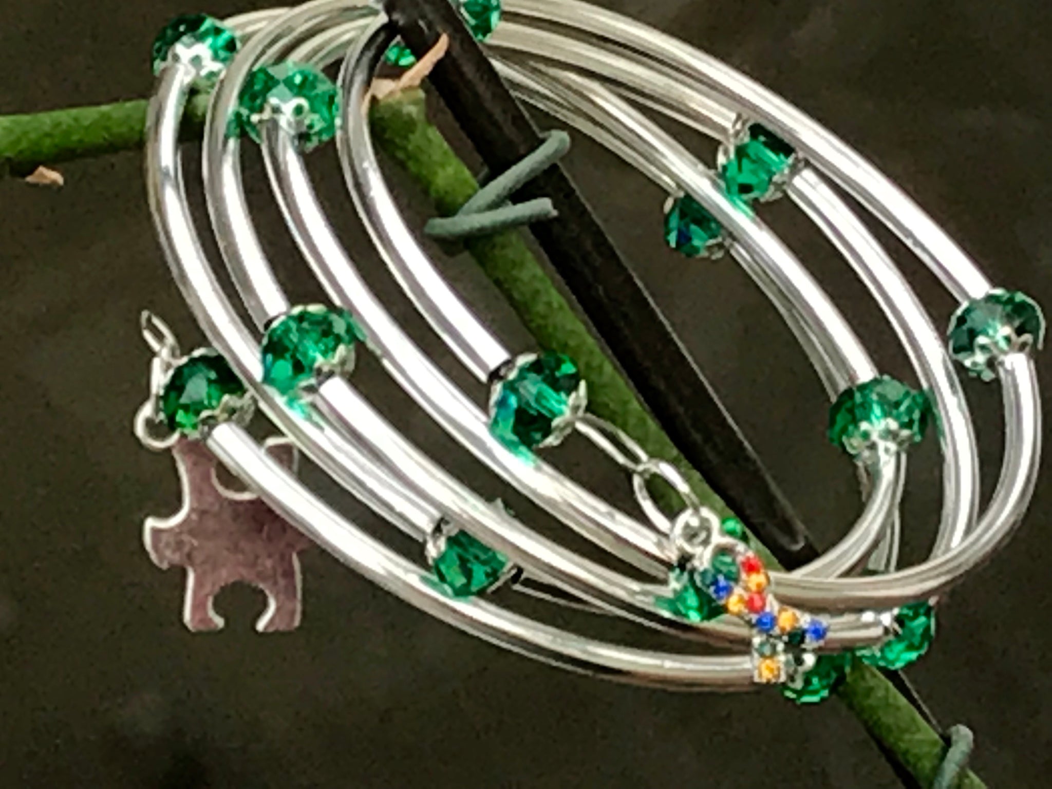 Autism awareness bracelet memory wire dark green crystal silver noodle beads