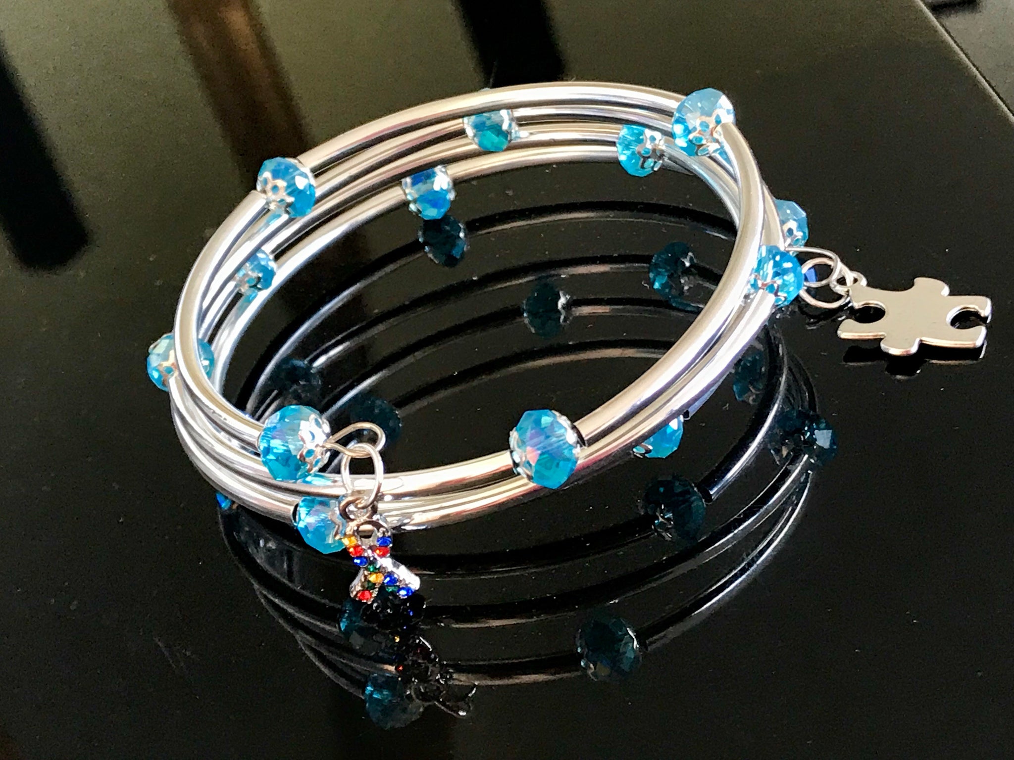 Autism Awareness Memory wire sky blue crystal silver noodle beads bracelet