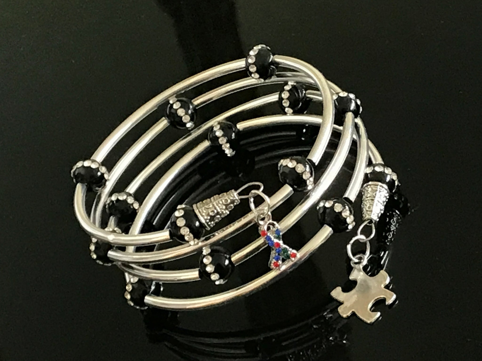Autism awareness black onyx cubic zirconia beads memory wire bracelet
