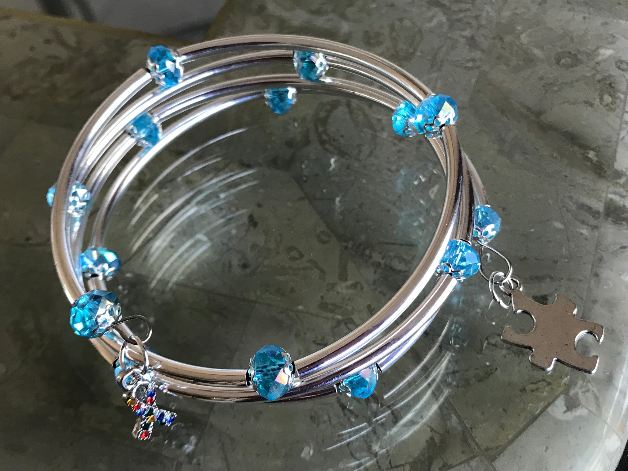 Autism Awareness Memory wire sky blue crystal silver noodle beads bracelet
