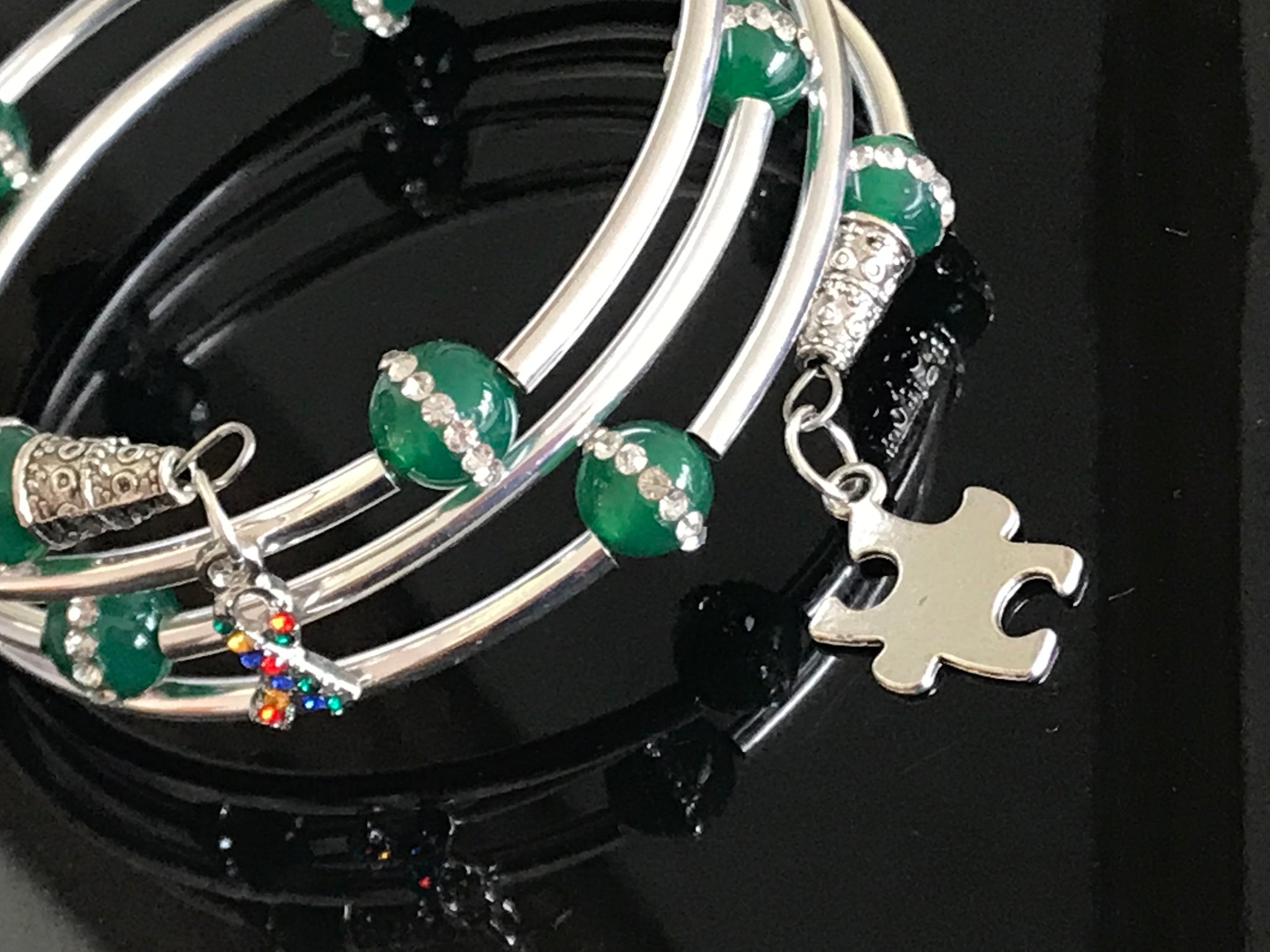 Autism Awareness green jade cubic zirconia bracelet